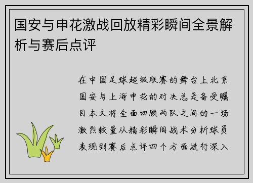 国安与申花激战回放精彩瞬间全景解析与赛后点评